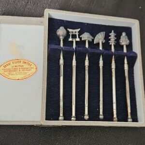 Silver Cocktail Stirrer Set with Japanese Motifs Sterling Silver Set of 6 decora